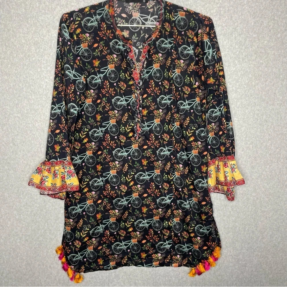 Bonanza Satrangi Pakistani Bicycle Novelty Print Ruffle Sleeve Shirt Dress